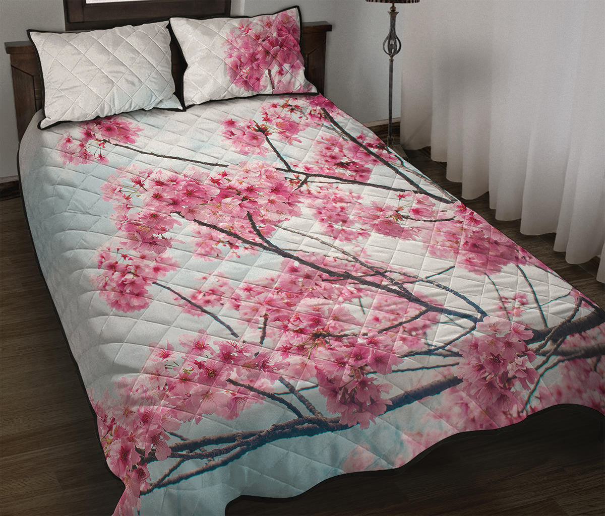 Pink Cherry Blossom Print Quilt Bed Set