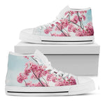 Pink Cherry Blossom Print White High Top Shoes