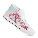 Pink Cherry Blossom Print White High Top Shoes