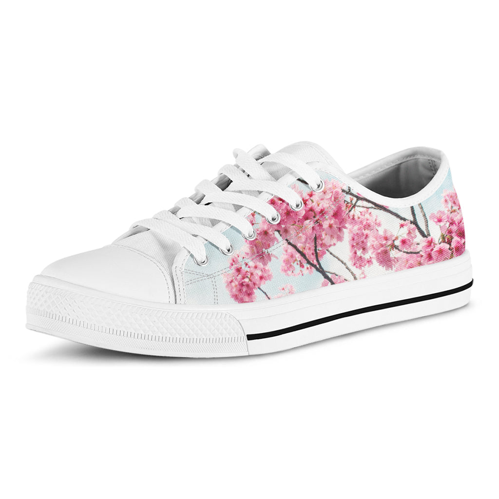Pink Cherry Blossom Print White Low Top Shoes