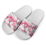 Pink Cherry Blossom Print White Slide Sandals