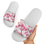 Pink Cherry Blossom Print White Slide Sandals