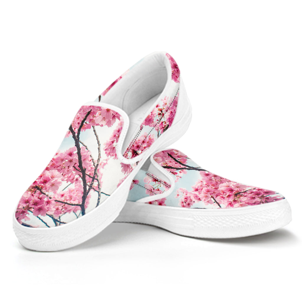 Pink Cherry Blossom Print White Slip On Shoes