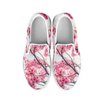 Pink Cherry Blossom Print White Slip On Shoes