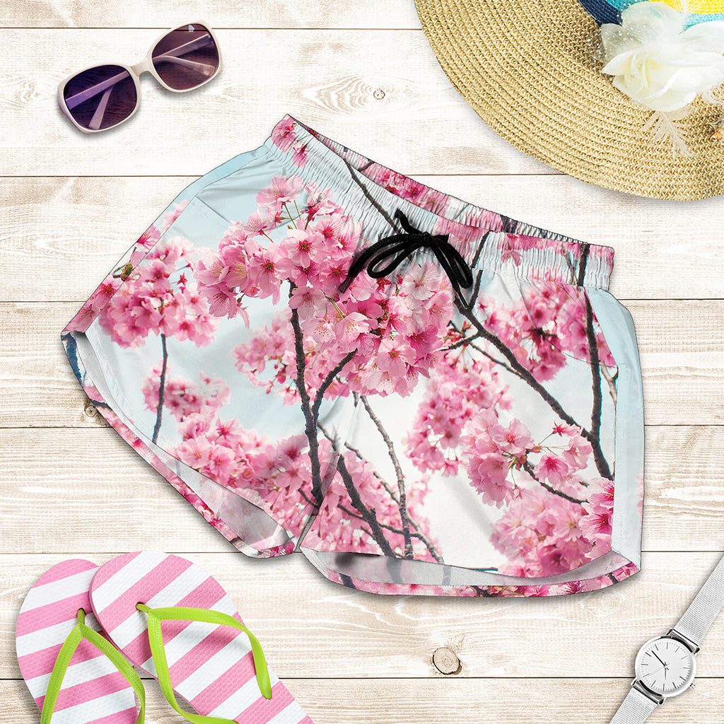 Pink Cherry Blossom Print Women's Shorts