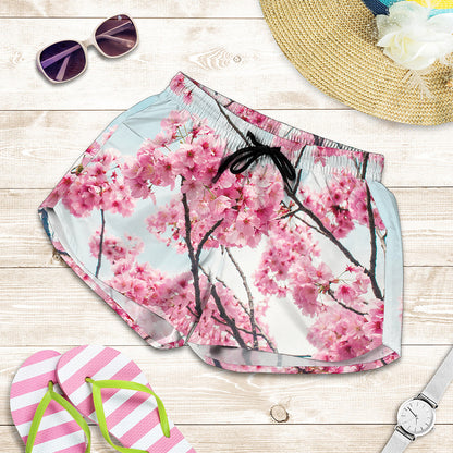 Pink Cherry Blossom Print Women's Shorts