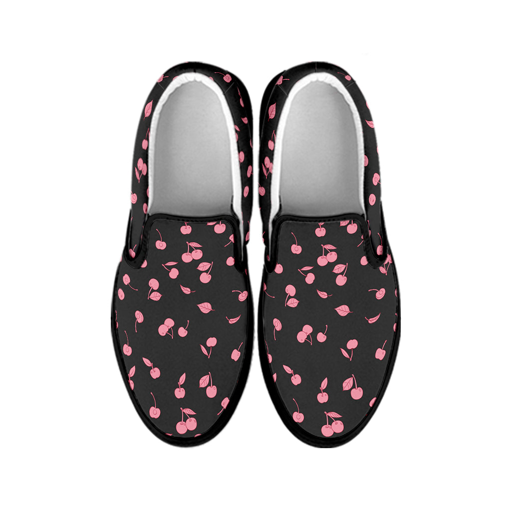 Pink Cherry Pattern Print Black Slip On Shoes