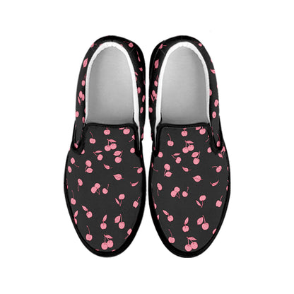Pink Cherry Pattern Print Black Slip On Shoes