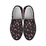 Pink Cherry Pattern Print Black Slip On Shoes