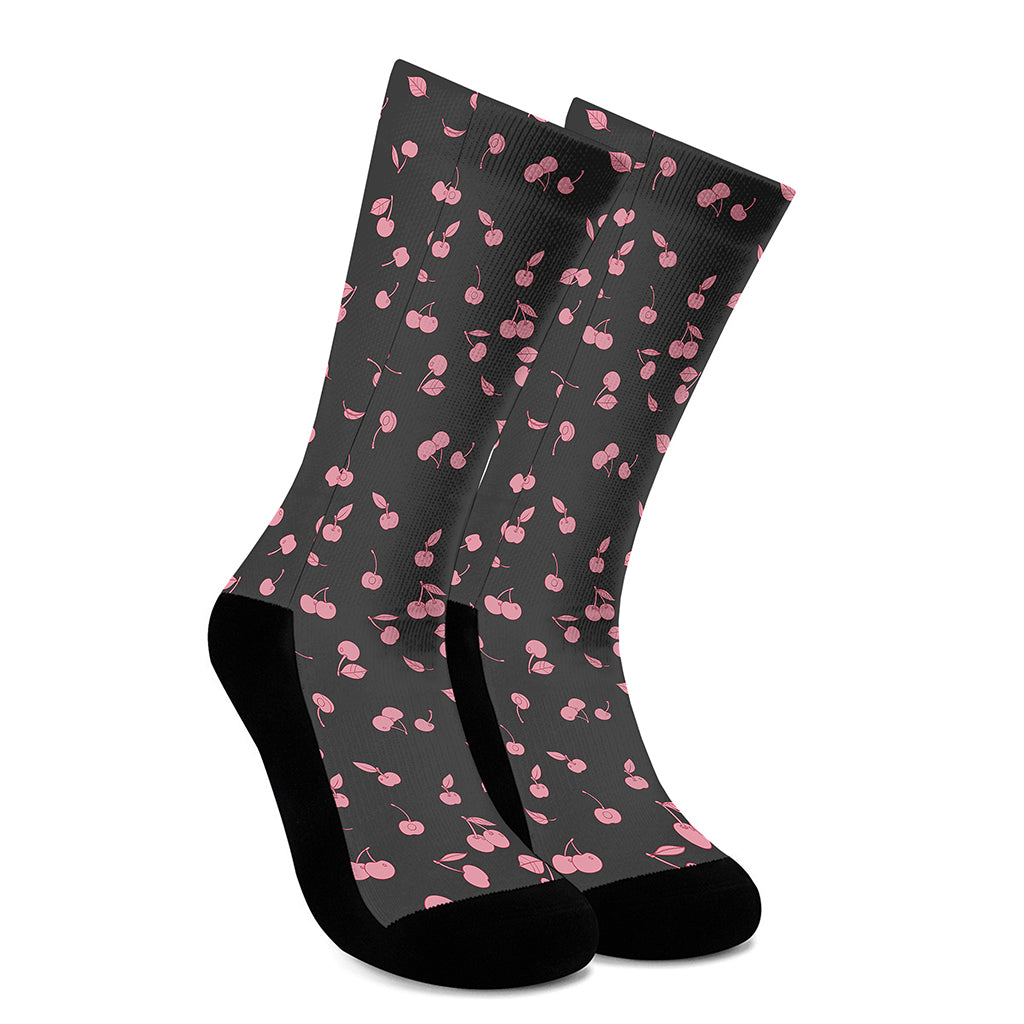 Pink Cherry Pattern Print Crew Socks