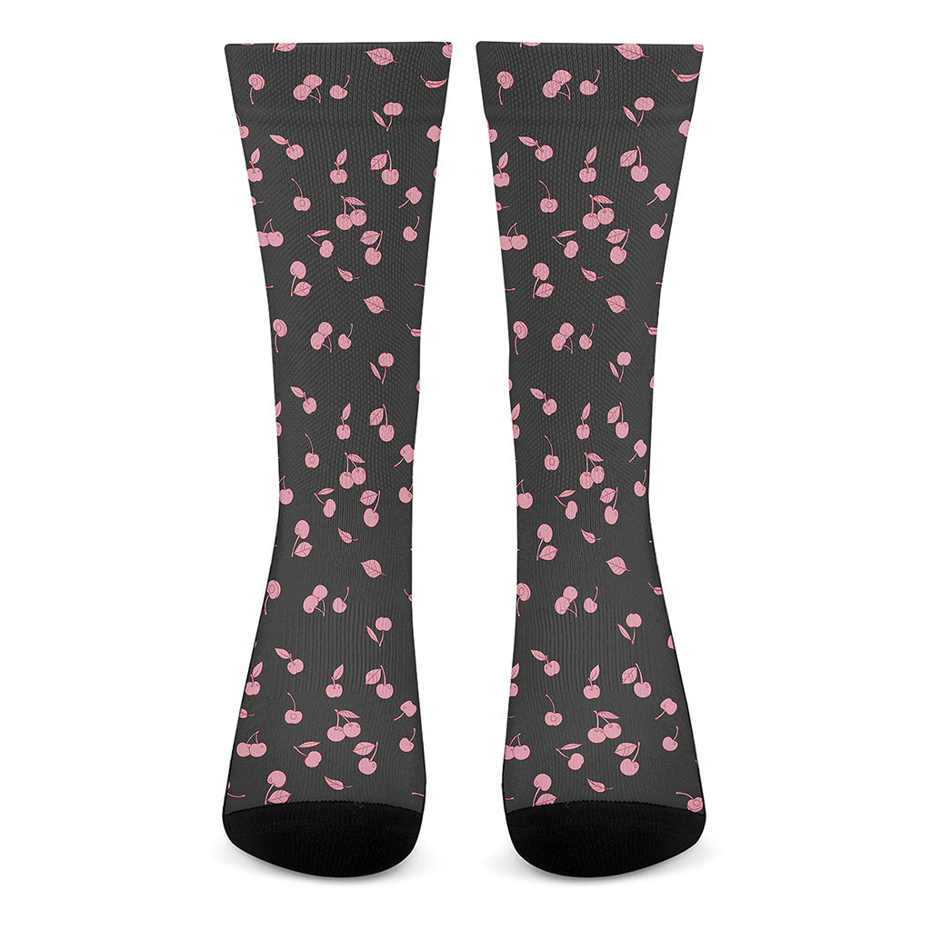 Pink Cherry Pattern Print Crew Socks