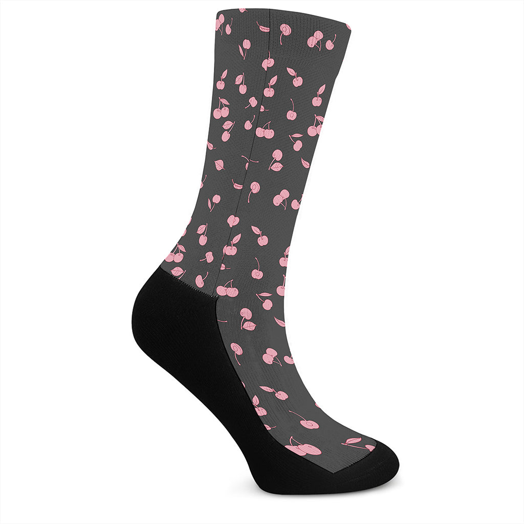 Pink Cherry Pattern Print Crew Socks