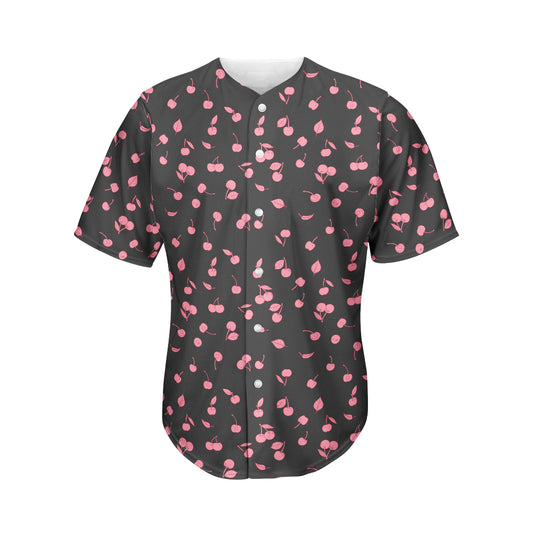 Pink Cherry Pattern Print Men's Baseball Jersey