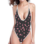 Pink Cherry Pattern Print One Piece High Cut Swimsuit