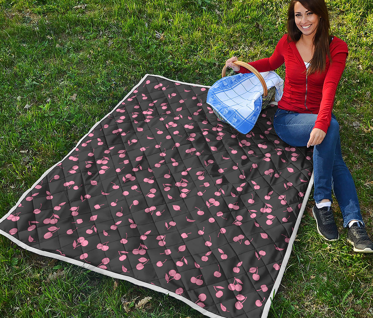Pink Cherry Pattern Print Quilt