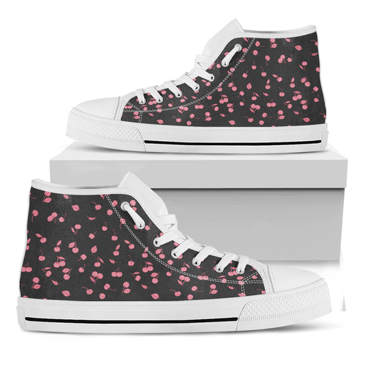 Pink Cherry Pattern Print White High Top Shoes