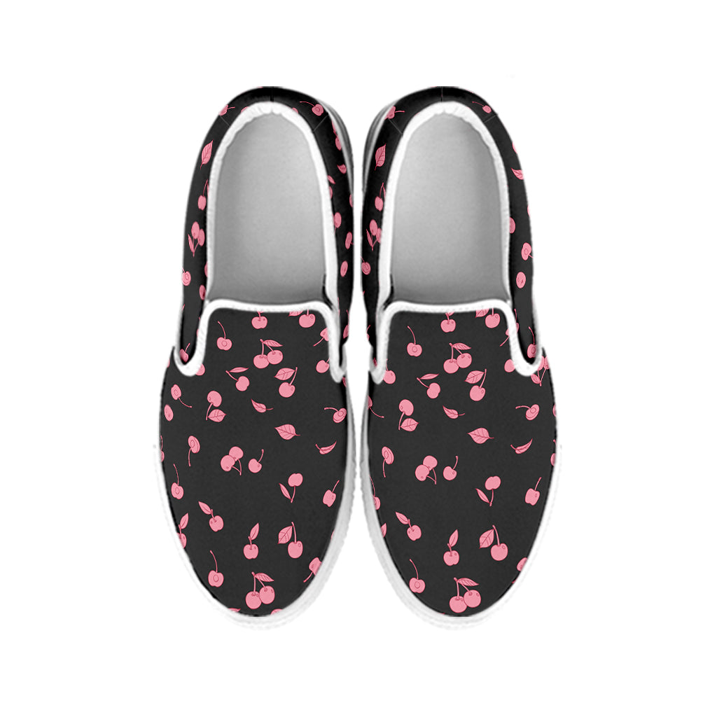 Pink Cherry Pattern Print White Slip On Shoes