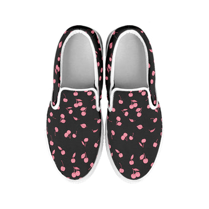 Pink Cherry Pattern Print White Slip On Shoes