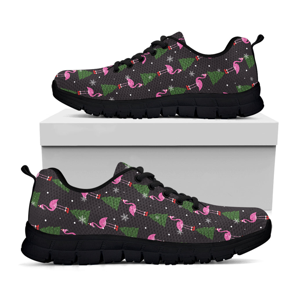 Pink Christmas Flamingo Pattern Print Black Sneakers