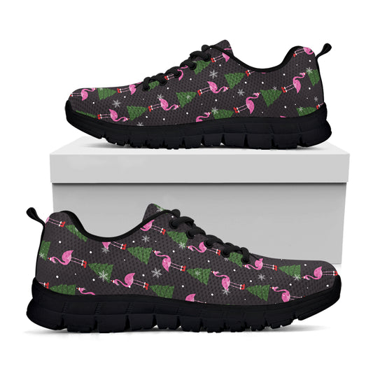 Pink Christmas Flamingo Pattern Print Black Sneakers