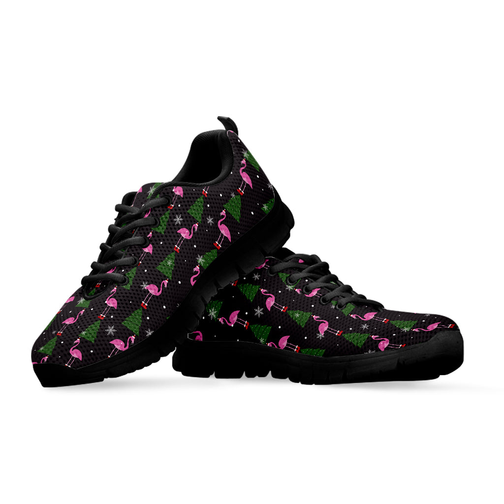 Pink Christmas Flamingo Pattern Print Black Sneakers