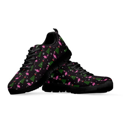 Pink Christmas Flamingo Pattern Print Black Sneakers