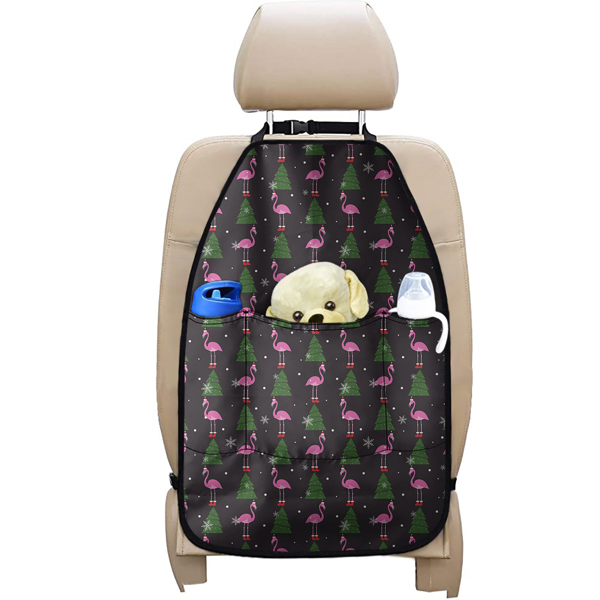 Pink Christmas Flamingo Pattern Print Car Seat Organizers