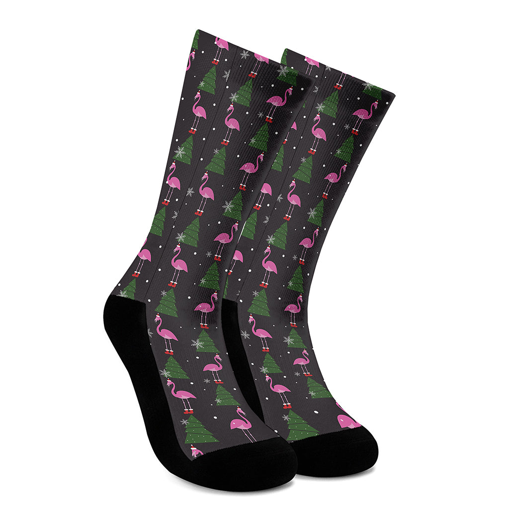Pink Christmas Flamingo Pattern Print Crew Socks