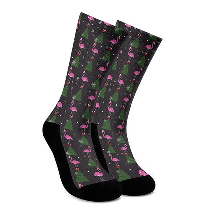 Pink Christmas Flamingo Pattern Print Crew Socks