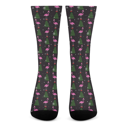 Pink Christmas Flamingo Pattern Print Crew Socks