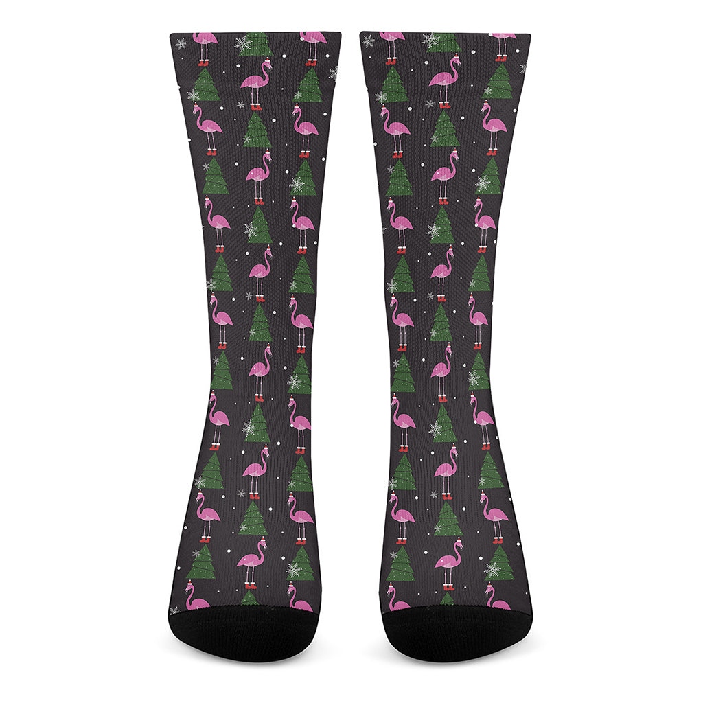 Pink Christmas Flamingo Pattern Print Crew Socks