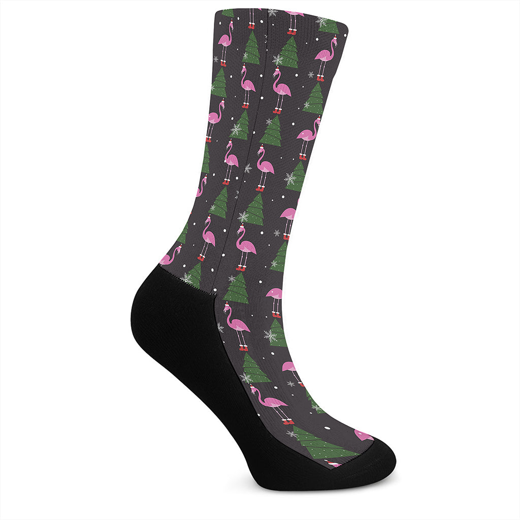 Pink Christmas Flamingo Pattern Print Crew Socks