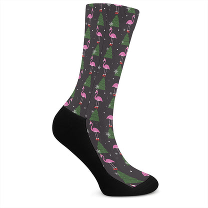 Pink Christmas Flamingo Pattern Print Crew Socks