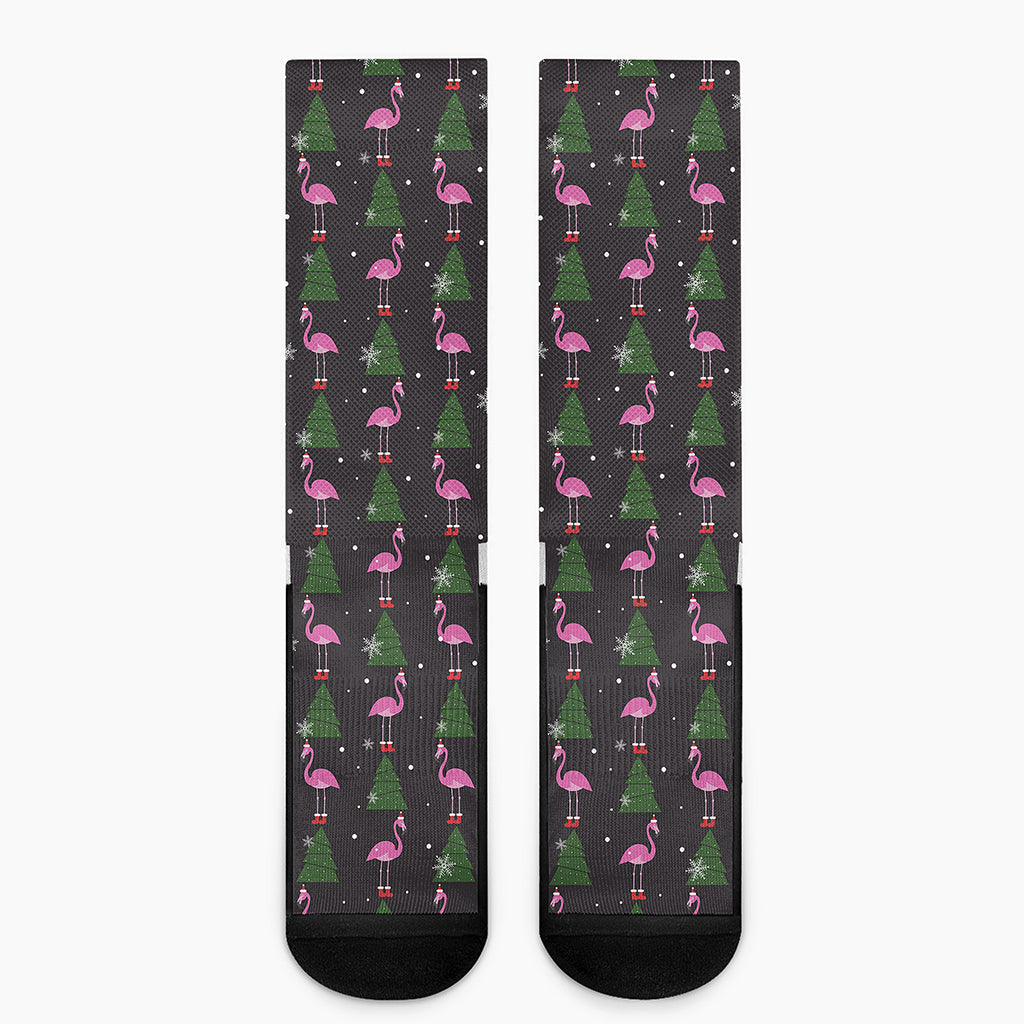 Pink Christmas Flamingo Pattern Print Crew Socks