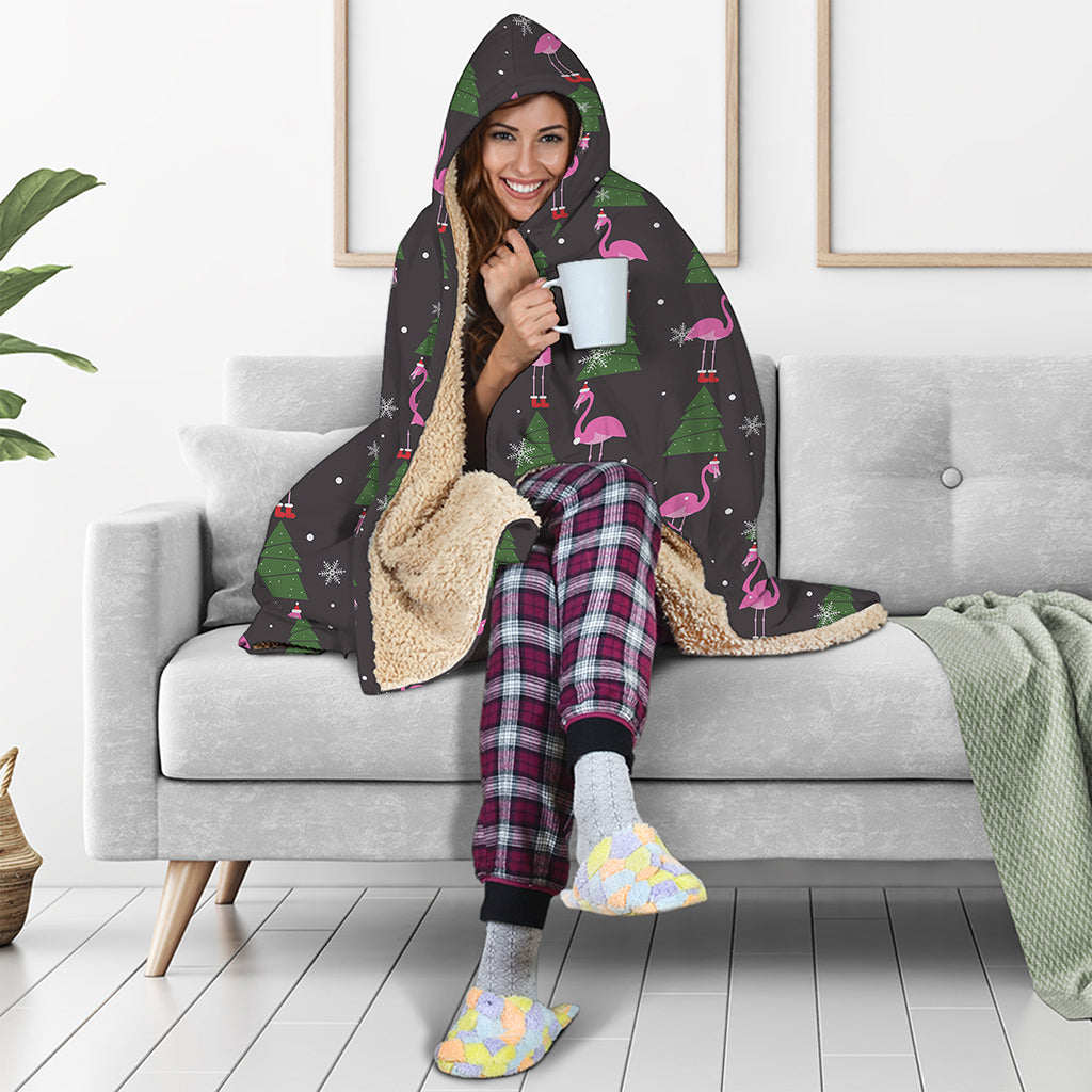 Pink Christmas Flamingo Pattern Print Hooded Blanket