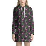 Pink Christmas Flamingo Pattern Print Hoodie Dress