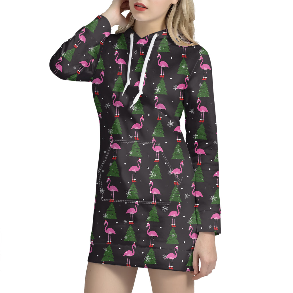 Pink Christmas Flamingo Pattern Print Hoodie Dress