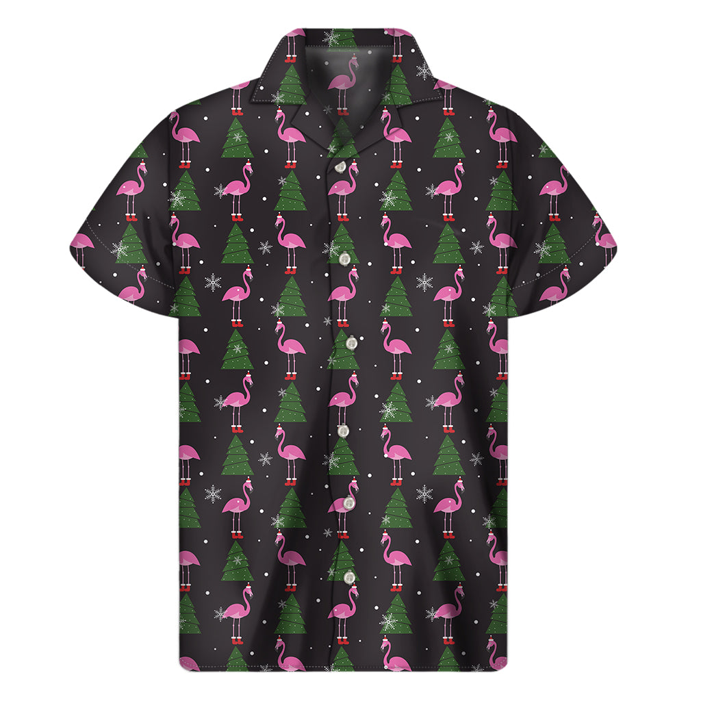 Pink Christmas Flamingo Pattern Print Men's Short Sleeve Shirt