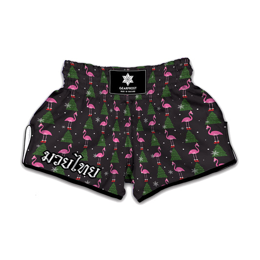 Pink Christmas Flamingo Pattern Print Muay Thai Boxing Shorts