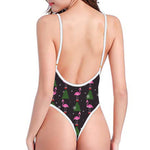 Pink Christmas Flamingo Pattern Print One Piece High Cut Swimsuit