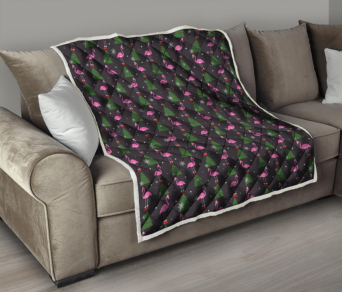 Pink Christmas Flamingo Pattern Print Quilt
