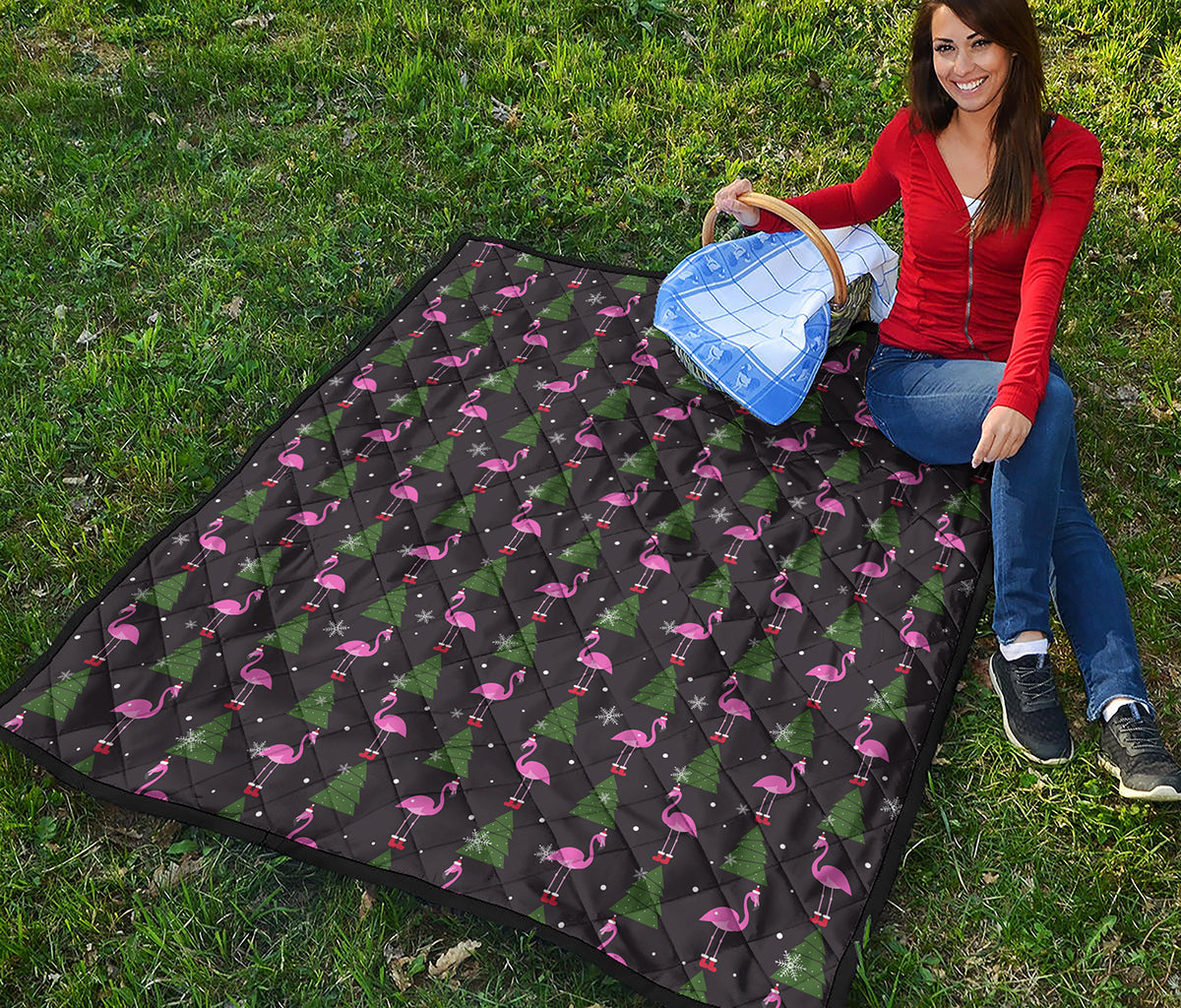 Pink Christmas Flamingo Pattern Print Quilt