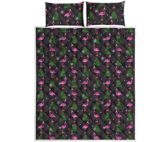 Pink Christmas Flamingo Pattern Print Quilt Bed Set