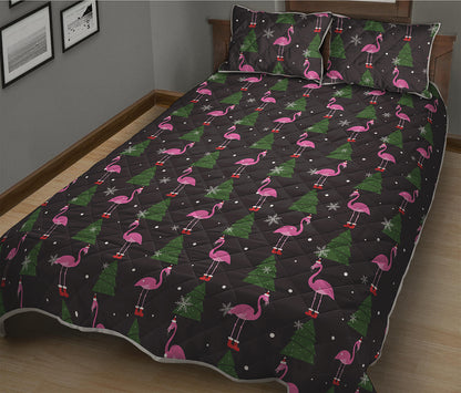 Pink Christmas Flamingo Pattern Print Quilt Bed Set