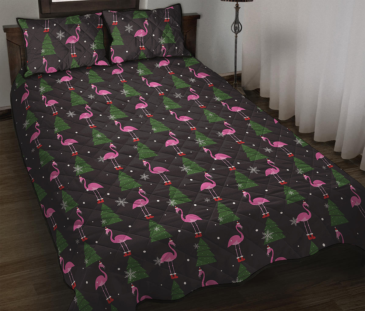 Pink Christmas Flamingo Pattern Print Quilt Bed Set