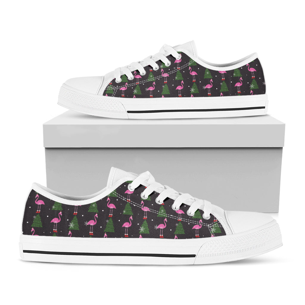 Pink Christmas Flamingo Pattern Print White Low Top Shoes
