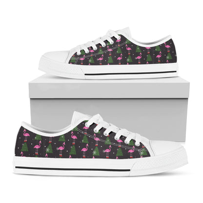Pink Christmas Flamingo Pattern Print White Low Top Shoes