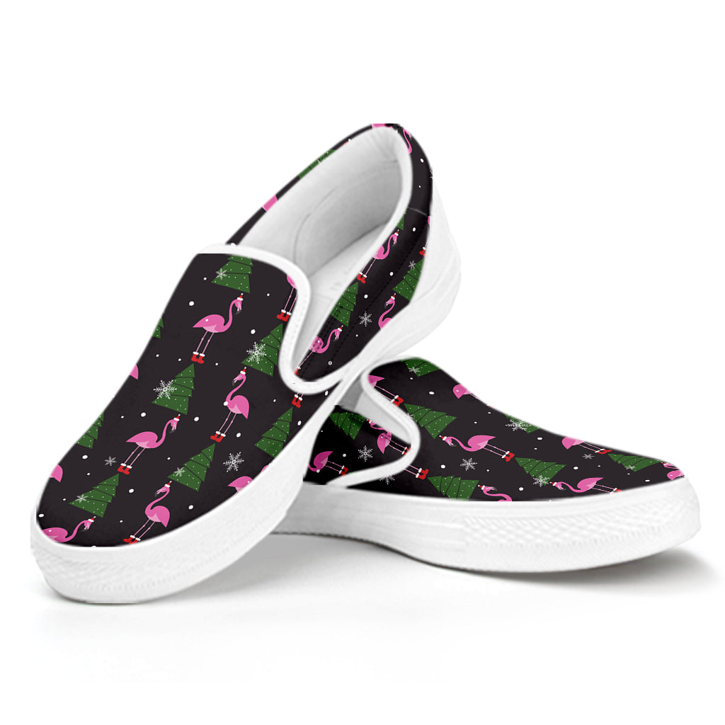 Pink Christmas Flamingo Pattern Print White Slip On Shoes