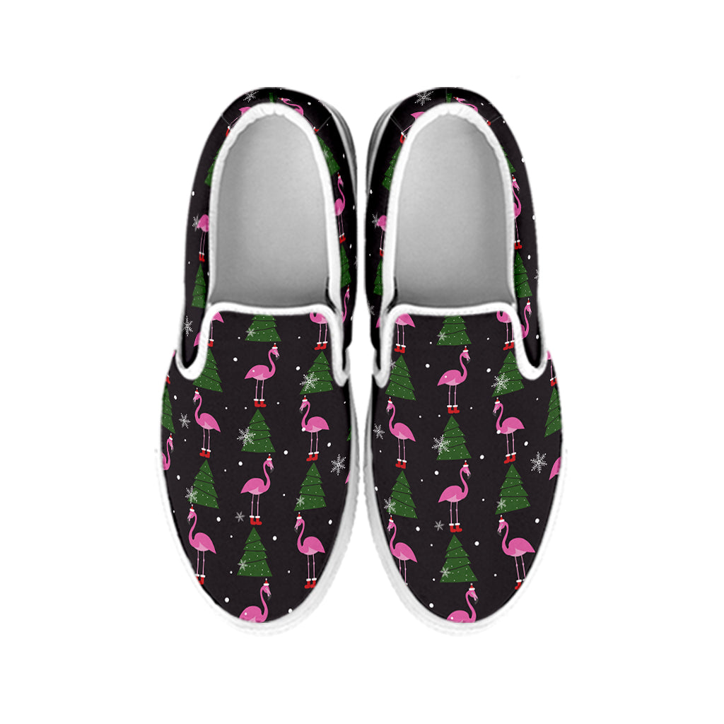 Pink Christmas Flamingo Pattern Print White Slip On Shoes