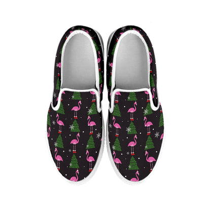Pink Christmas Flamingo Pattern Print White Slip On Shoes
